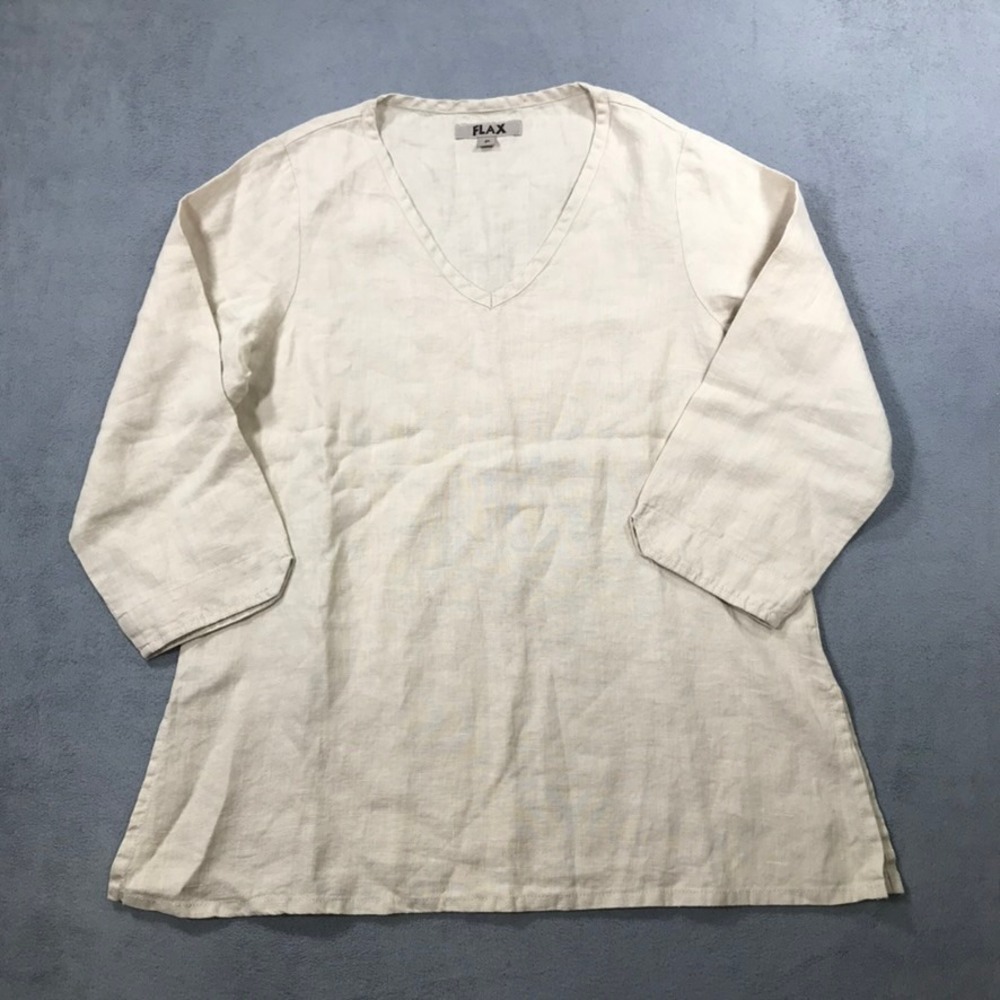 FLAX Tunic Top Womens Size P (S) Beige V-Neck 3/4 Sleeve Linen Tunic Lagenlook